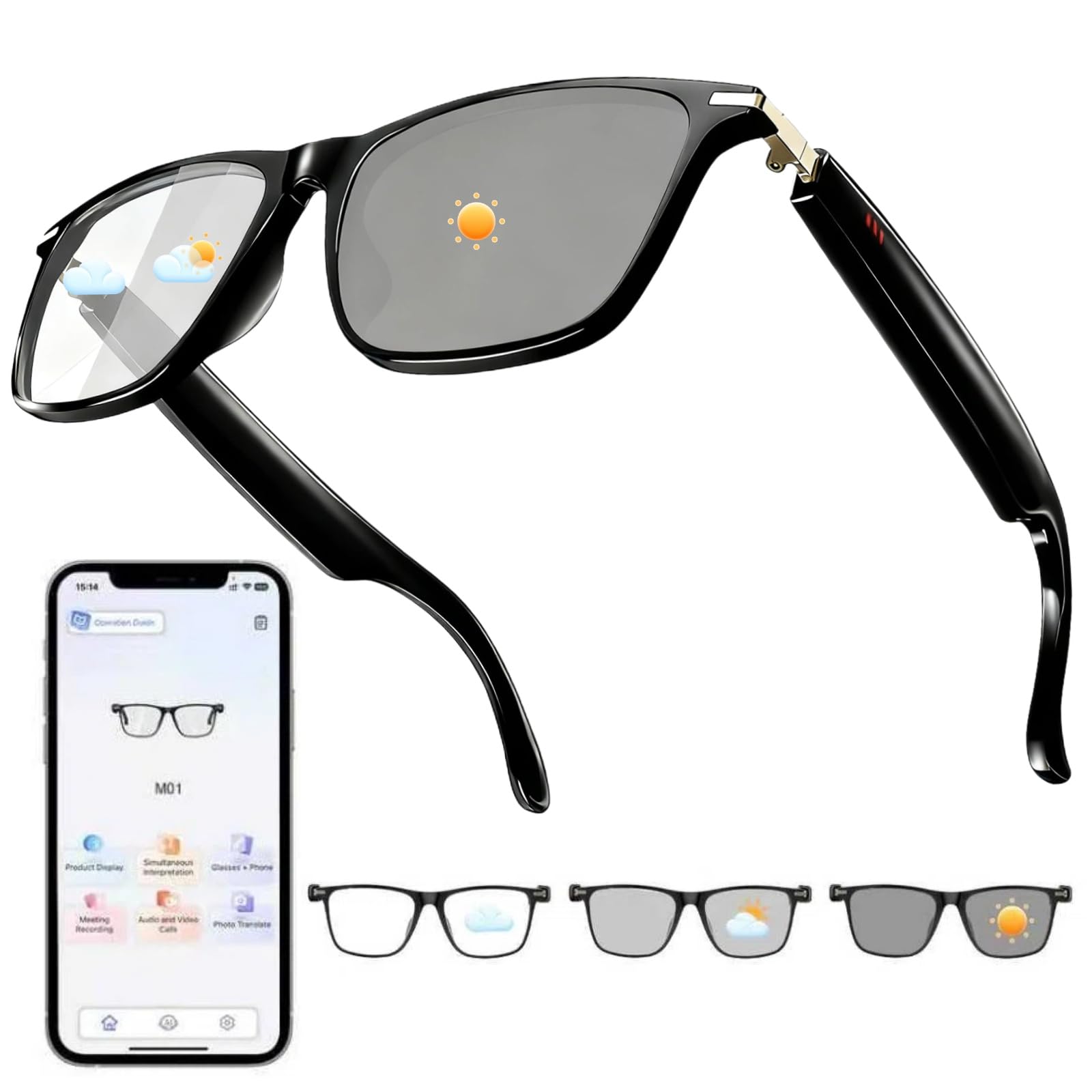 AI Smart Glasses for Women Men Support 160 Languages Real-Time Translation via APP Bluetooth Glasses with Speakers Photochromic