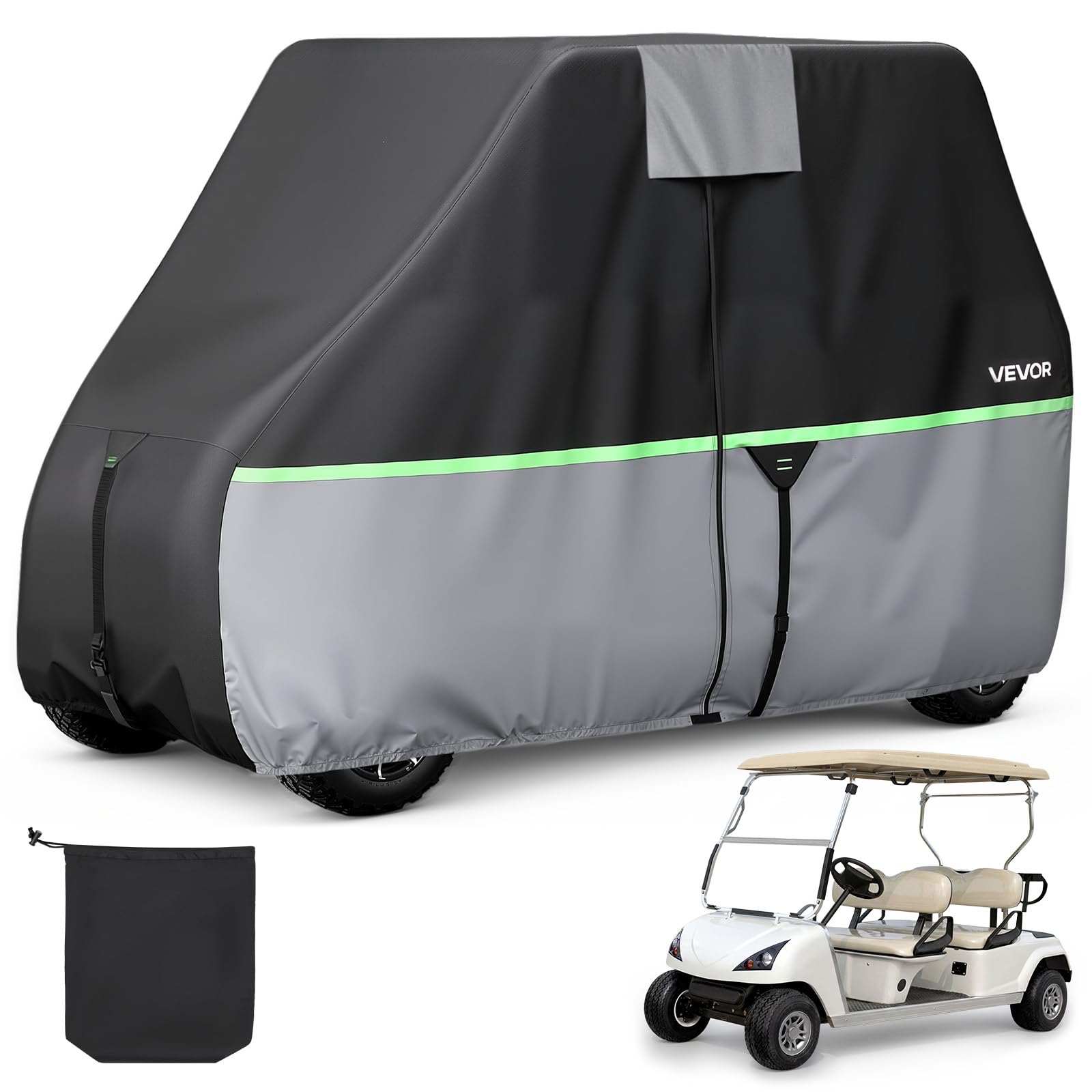 VEVOR Golfwagenabdeckung für 2+2/4-Sitzer-Golfwagen (die Meisten Golfcarts von Club Car, Yamaha, EZGO & Honda), Regenabdeckung aus 600D-Oxford-Gewebe, mit PU-Beschichtung & 3 Reißverschlusstüren