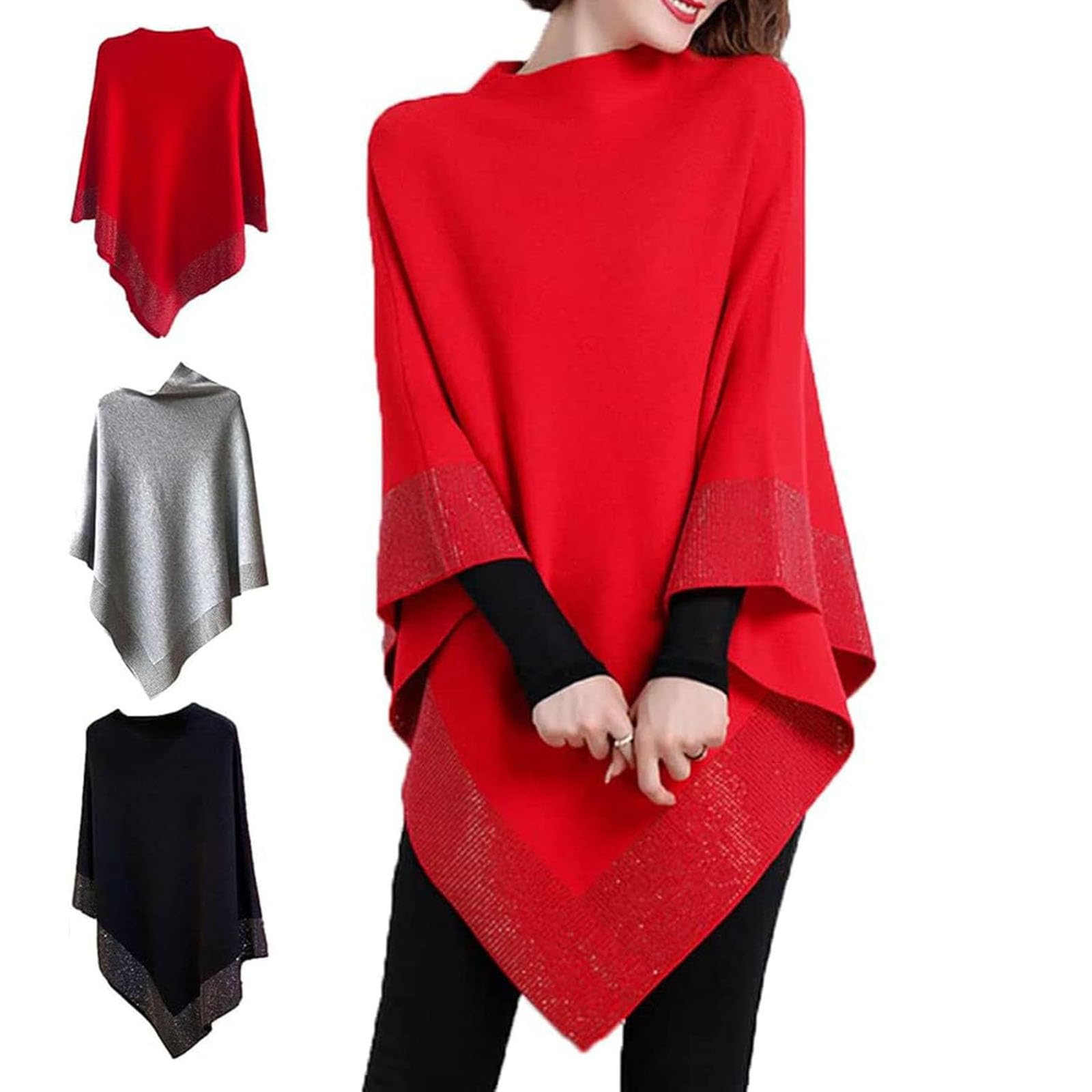 Genérico Chal de lana brillante para mujer, chal irregular con diamantes de imitación, elegante poncho de punto para mujer
