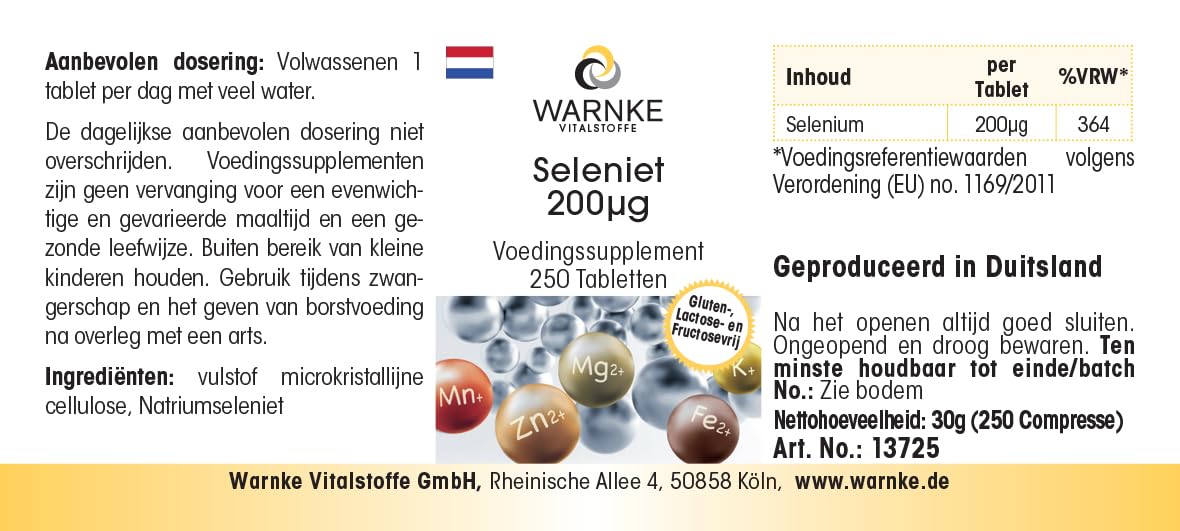 Selenite 200μg - 250 compresse - 200μg di selenio per compressa - Selenito di sodio - ALTO DOSAGGIO - Qualità farmaceutica tedesca - Vegano | Warnke Vitalstoffe
