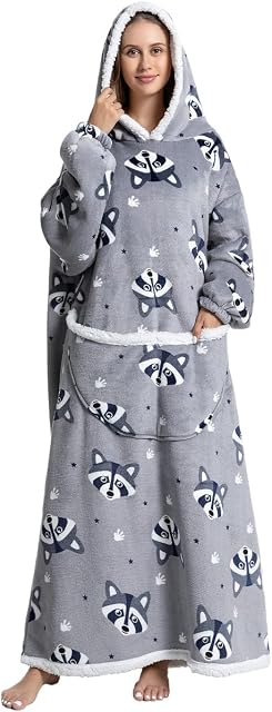 Your's Bath Oversized Blanket Hoodie 55 Inch Extra Long Soft Wearable Blanket with Sleeves and Large Front Pocket Winter Warm Sweatshirt Blanket Comfortable Cozy Blanket for Adult Men Women(raccoon)