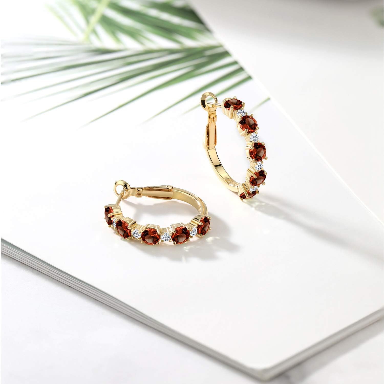 Gem Stone King 18K Yellow Gold Plated Silver Gemstone Birthstone and White Topaz Hoop Earrings for Women | Round Cut 4MM and 1.9MM Stones | 1 Inch Diameter Hoops | Fine Jewelry for Her Mom Wife Women