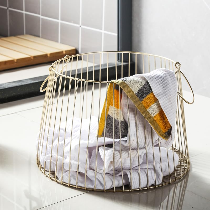 Wäschekorb Goldener Gusseisen-Metall-Aufbewahrungskorb for Zuhause, Hotel, Badezimmer, schmutzige Kleidung, Wäsche, Spielzeug, Kleinigkeiten, Organizer Wäschesammler