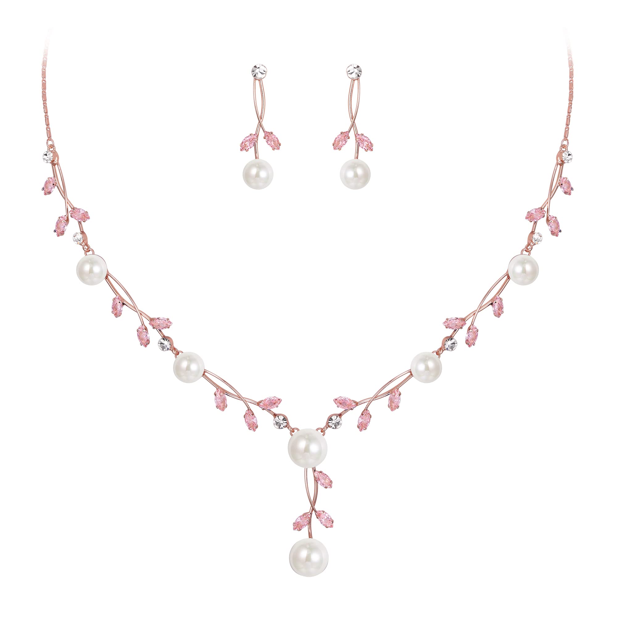 EVER FAITH Juegos de Joyas Mujer CZ Cristal Perla Simulada Floral Vid Filigrana Collar Pendientes Conjunto para Regalo Boda Rosado-Claro Tono Oro Rosa