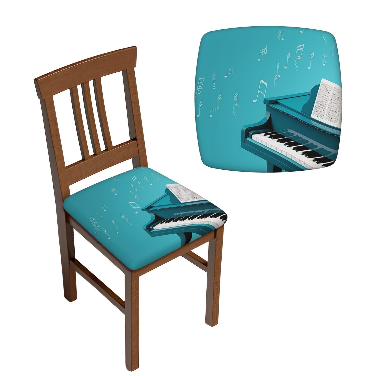 NONHAI 4PCS Dining Chair Seat Covers Set Piano on Blue Background Stretch Removable Chairs Covers Washable Seat Cushion Slipcovers Protector for Dining Room Kitchen Chairs