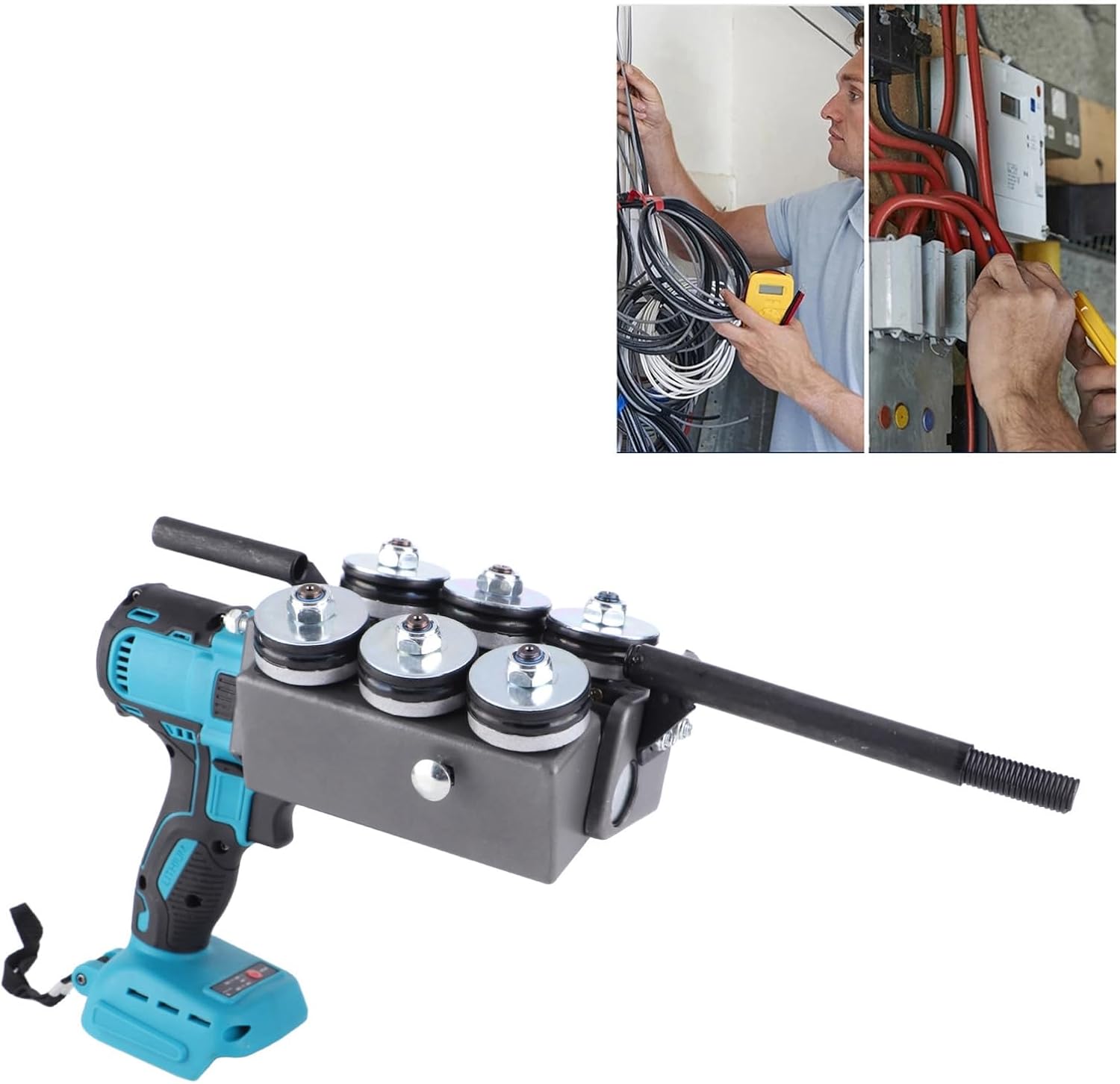 Automatic Wire Stringing Machine, Angle Adjustable Fish Tape Tools with 6 Spare Rubber Wheel, 21V Electric Cable Pipe Wearer Stringing Machine, for Construction Hydropower