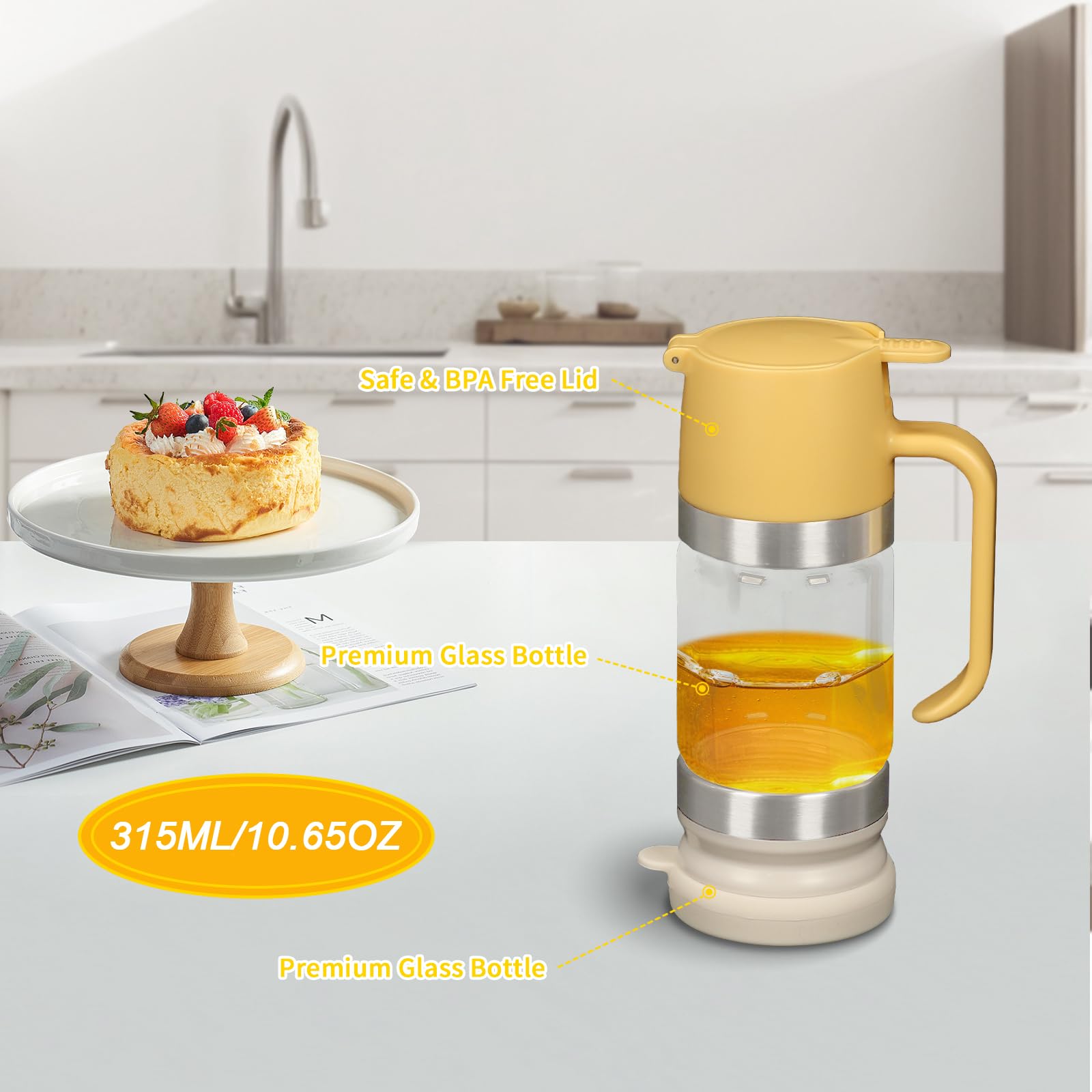Tefola Dispenser per miele, in vetro, per sciroppo d'acero, antigoccia, con manico, accessori per caffetterie per pancake, caffè, ciotole per cereali, insalata, cucina e bar (giallo, 315ml)