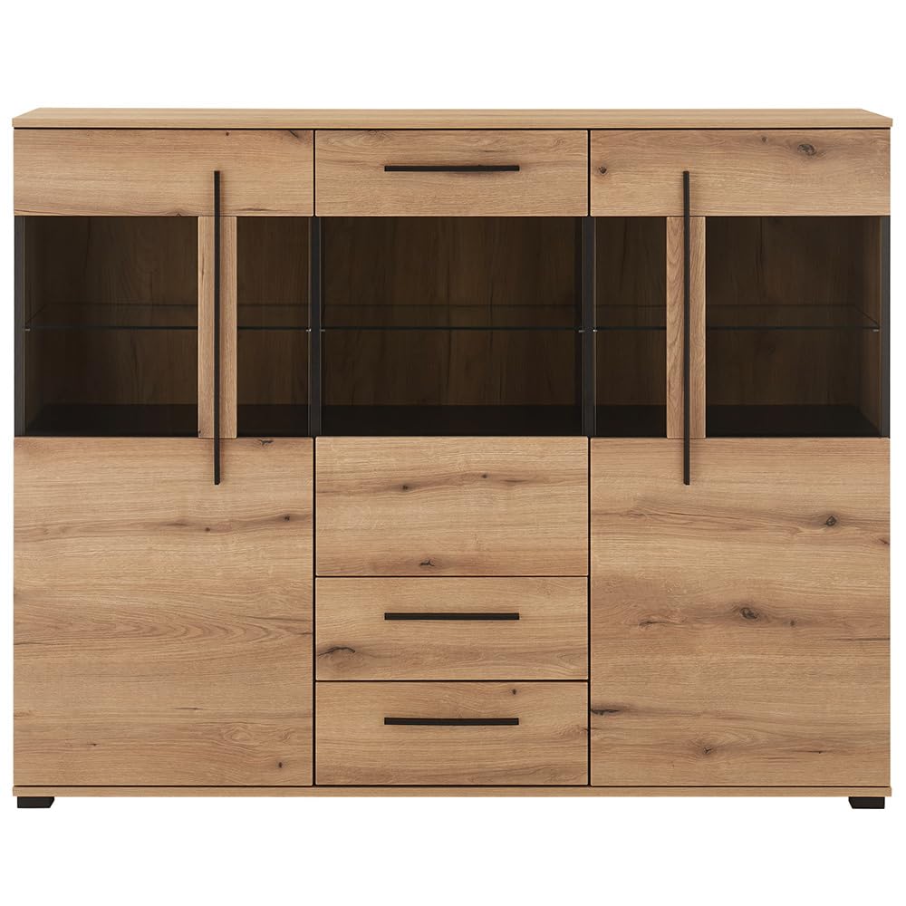 Lomadox Highboard 160 cm breit Vitrine Wohnzimmerschrank in Eiche mit 3 Glastüren & 2 Schubladen inkl. Softclose-Funktion