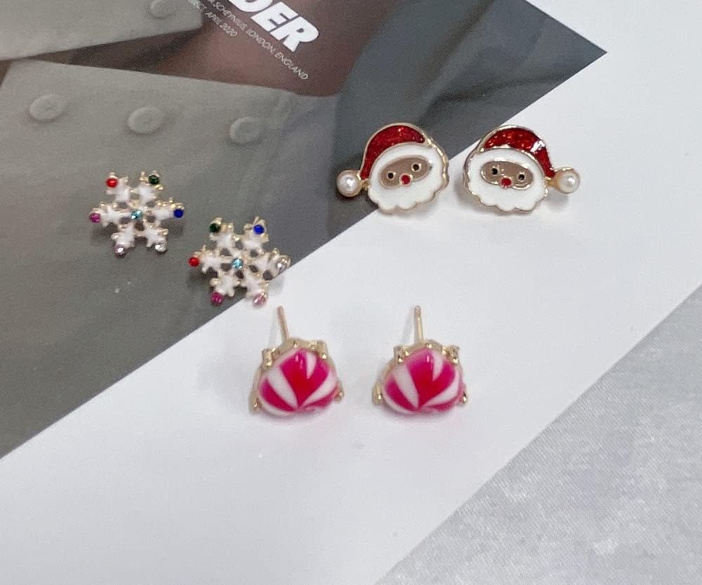 Christmas Stud Earrings Set for Women Santa Claus Snowflake Candy Bow CZ Tiny Small Cartilage Studs Cute Ornament Stocking Stuffers Hypoallergenic Party Jewelry Gifts for Daughter Bff New Year Festival - Image 2