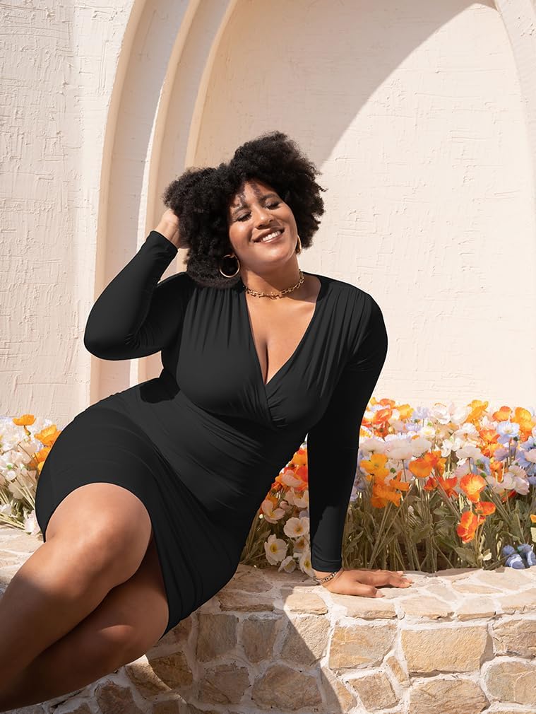 BEAGIMEG Women's Sexy Bodycon Long Sleeve Ruched Deep V Neck Solid Party Club Midi Dress - Image 7