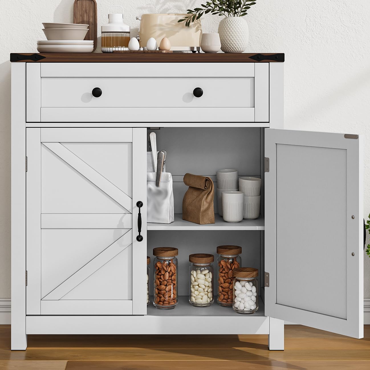 Mino Kesper Farmhouse Storage Cabinet with 2 Doors, White Kitchen Cabinet with Walnut Countertop, Freestanding Floor Storage Cabinets Hutch Cupboard