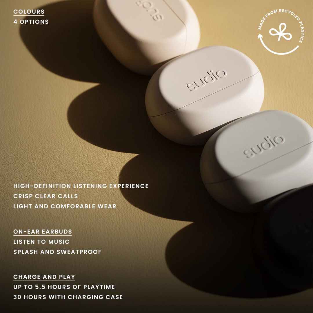 sudio N3 Midnight Black - The Day-to-Night Earbuds. Made from Recycled Plastics. Long Playtime of 5.5 Hours, 30 Hours total, Water Resistant, Enhanced Microphones to take Calls, Bluetooth 5.4