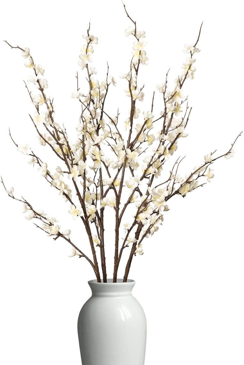 Ammyoo 4 Pcs Artificial Plum Flowers Party Decoration Fake Cherry Blossom Winter Long Stems Silk Flower Arrangements for Wedding Home Office Bedroom (White)