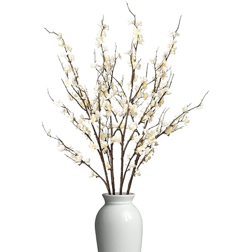 4Pcs Cherry Blossom Branches Artificial Flowers for Spring Summer Indoor Decoration,Faux Long Stem Artificial Flowers for Wedding Home Office Bedroom Party Table Centerpieces Decor(White)