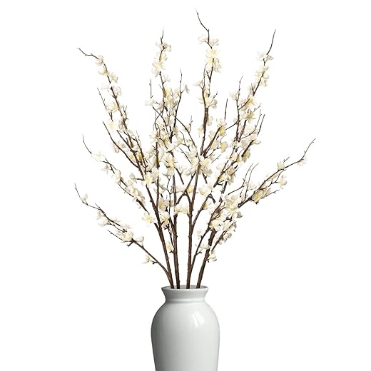 4Pcs Cherry Blossom Branches Artificial Flowers for Spring Summer Indoor Decoration,Faux Long Stem Artificial Flowers for Wedding Home Office Bedroom Party Table Centerpieces Decor(White)