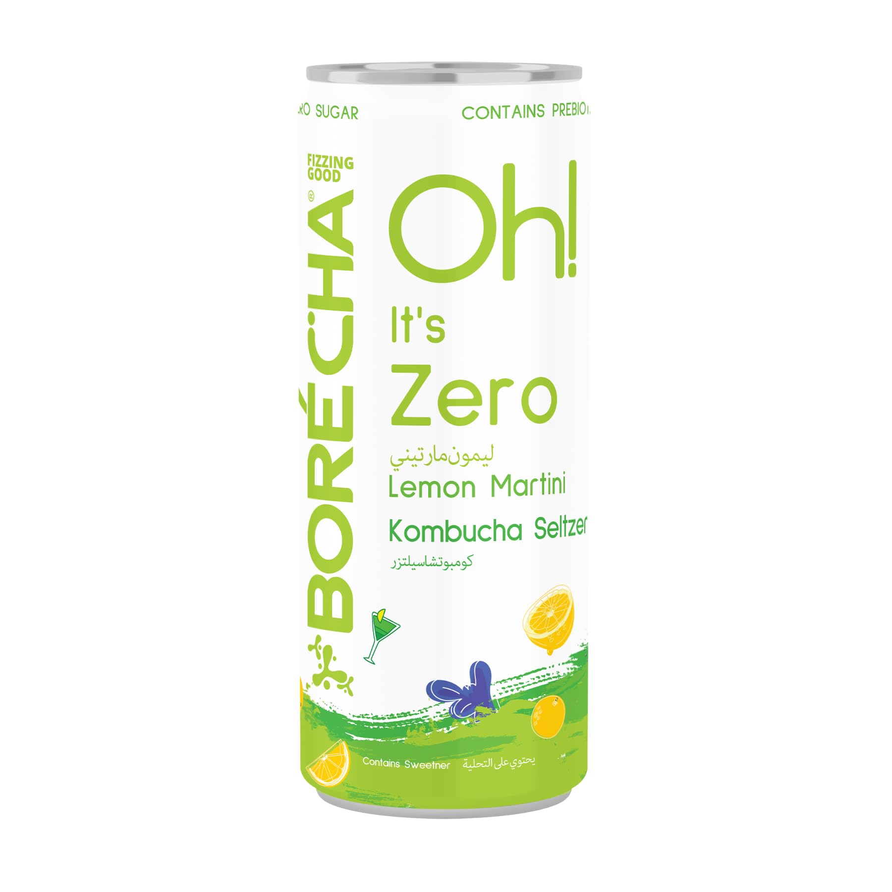 Borécha Oh! Zero Sugar Lemon Martini Kombucha Seltzer 330ml (4-Pack) | Natural | Gut-Friendly | Prebiotic | Only 23 Calories | Artisanal | Non-Alcoholic