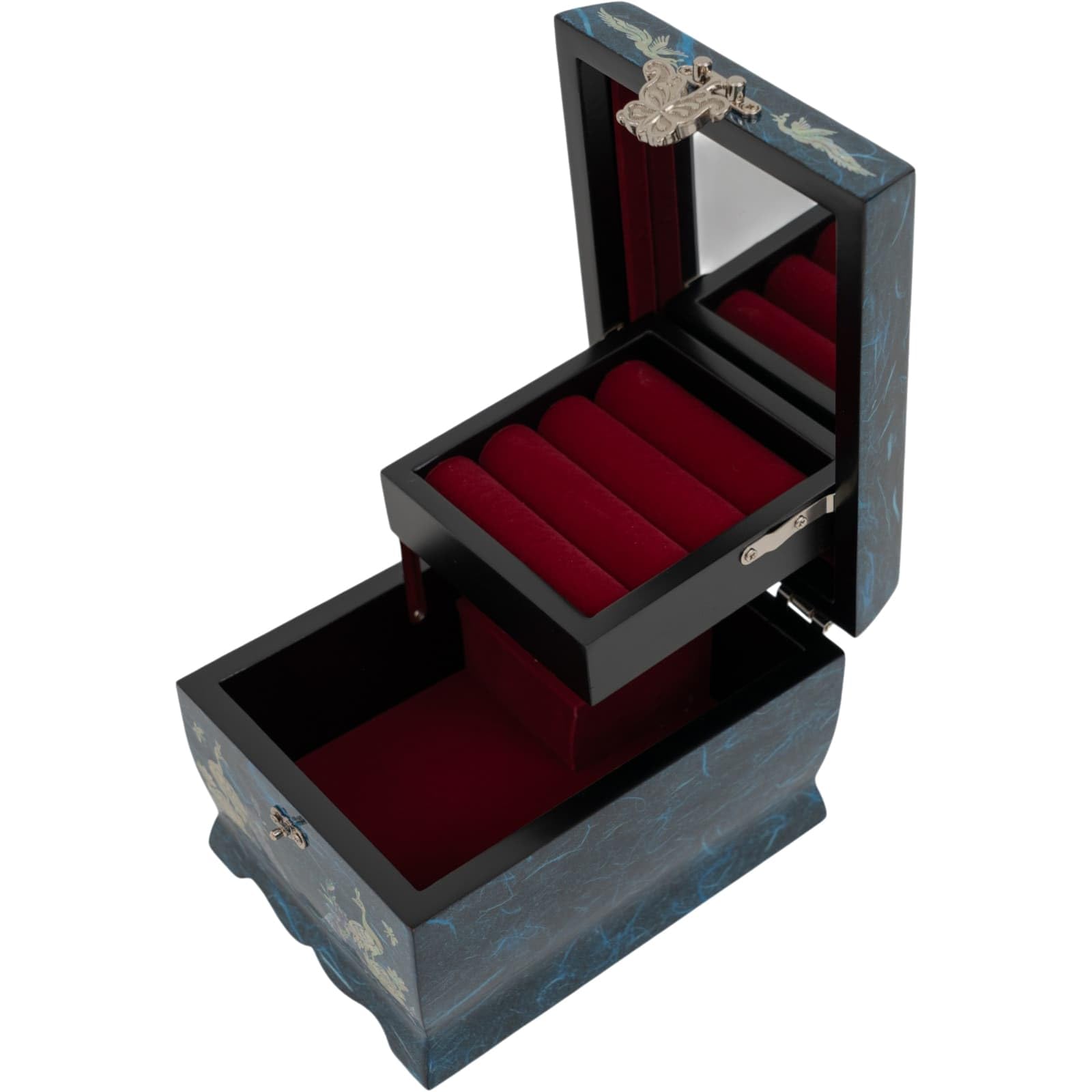 February Mountain Joyero musical de madreperla con espejo y soporte para anillos, caja de música, organizador de joyas tocando melodía Arirang, caja de joyería de pavo real, regalo para mujeres