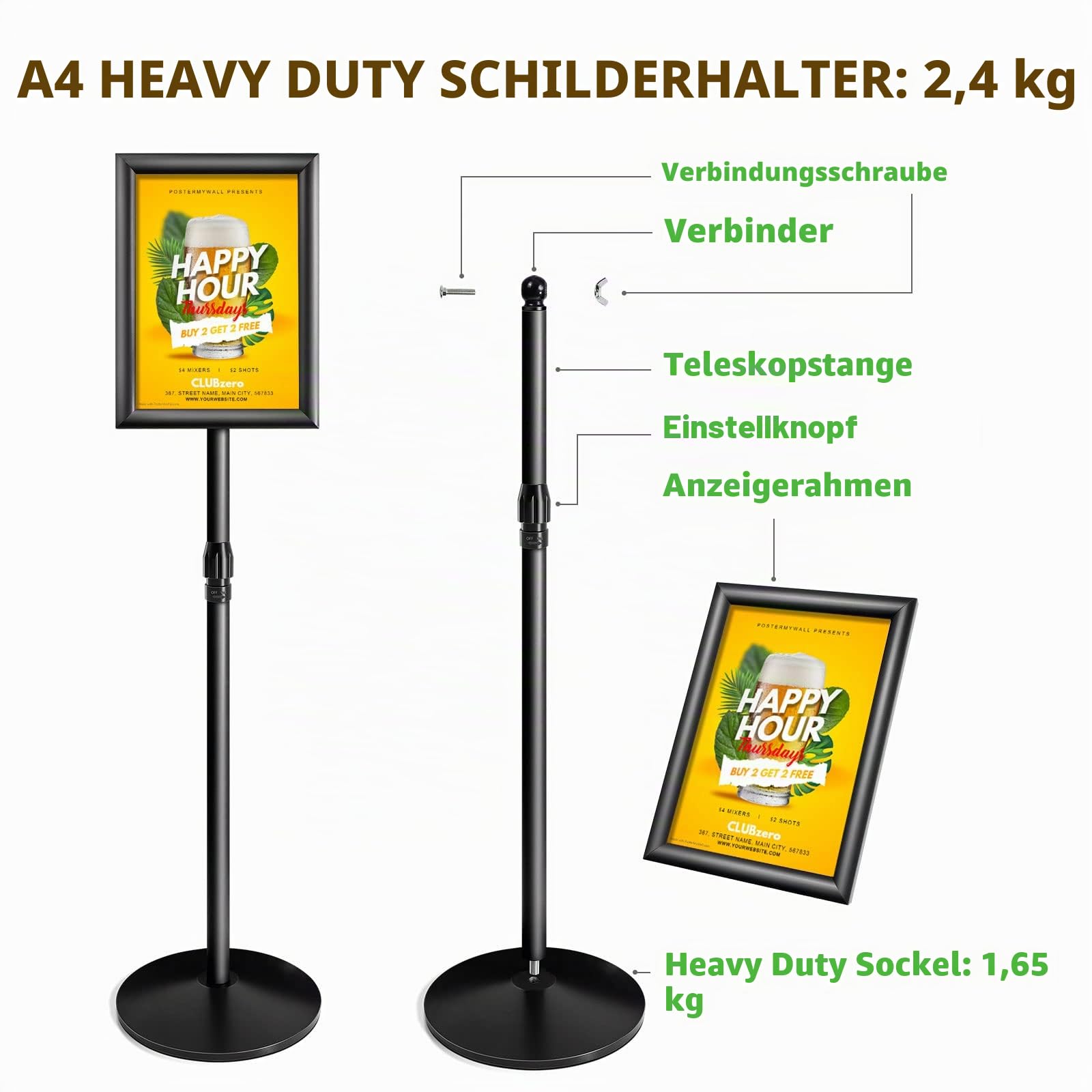 NewZeal Heavy Duty plakatständer Infoständer A4 posterständer schild ständer A4 Verstellbarer stehender Schildhalter mit Gusseisen-Basis, Alu-Schildhalter für Präsentation/Werbung (Schwarz)