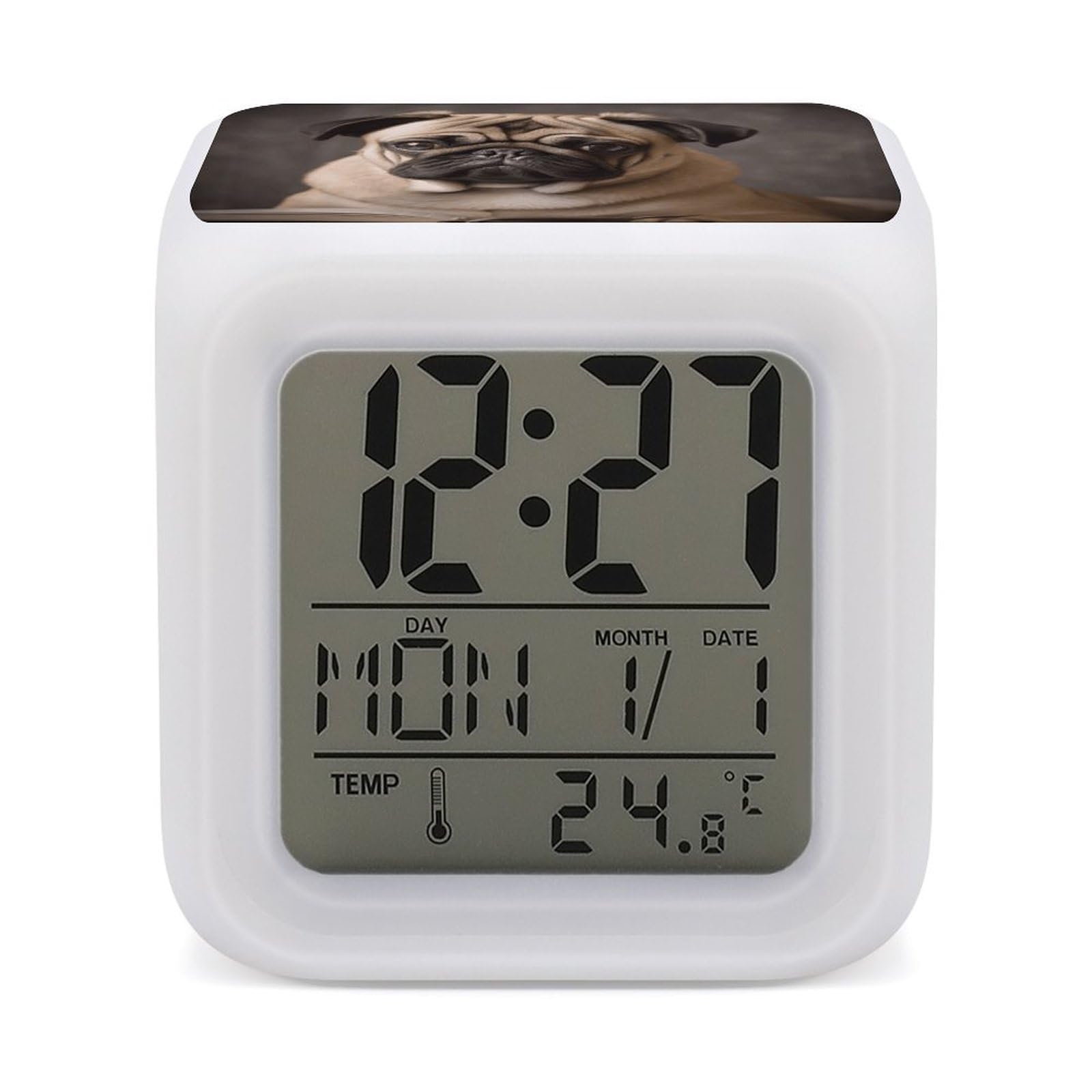 VstaDank Animal Pug Dog Digital Alarm Clock LED Display Screen Color Change Alarms Clock Smart Alarm Clock Wake Up Digital Clocks with 7 Color Nightlight for Bedroom