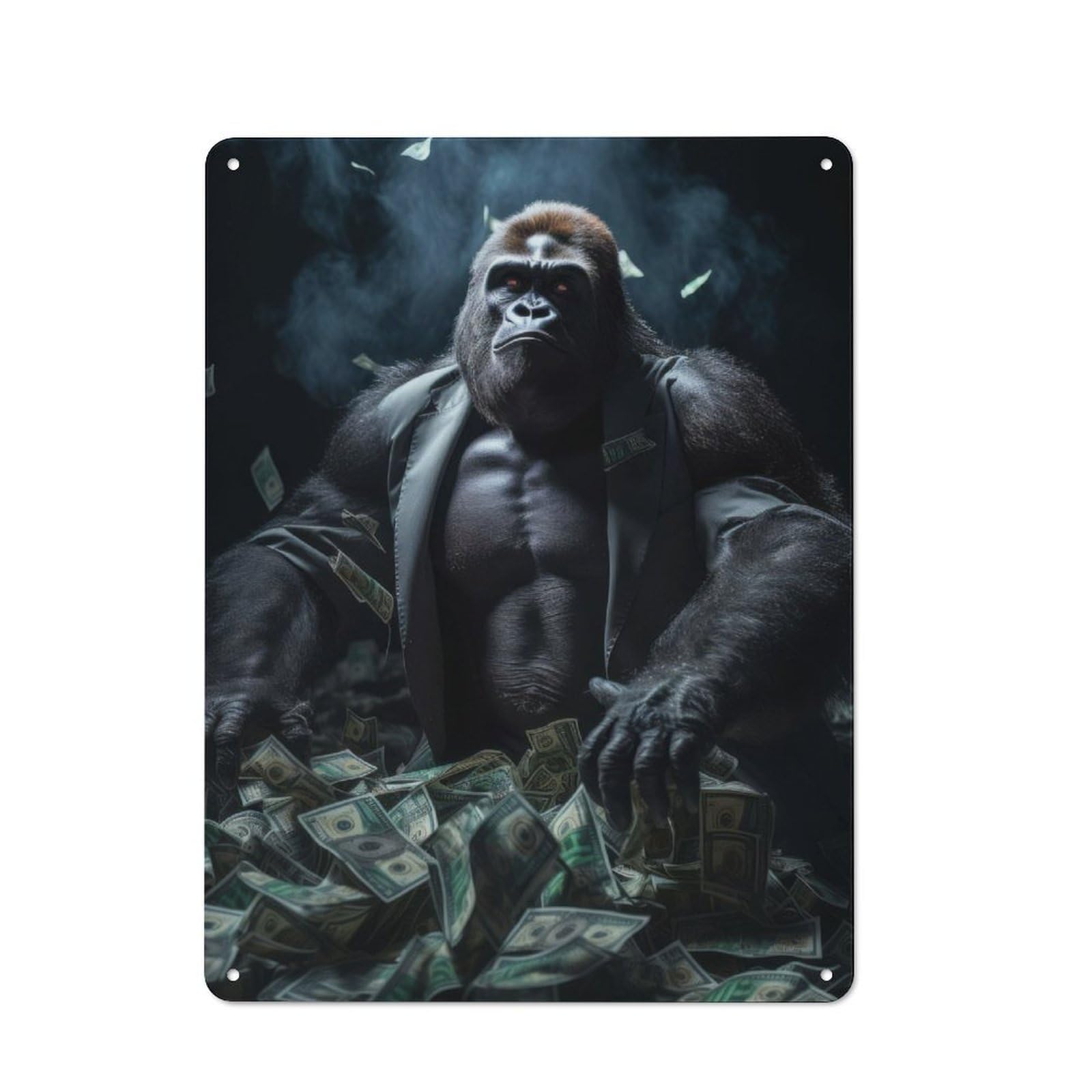 Decorative Metal Plaque with Gorilla Money Dollar Bills Design 40x30cm, Casual Utility Space Decor for Patio Bar, Workshop, Shed Or Kitchen