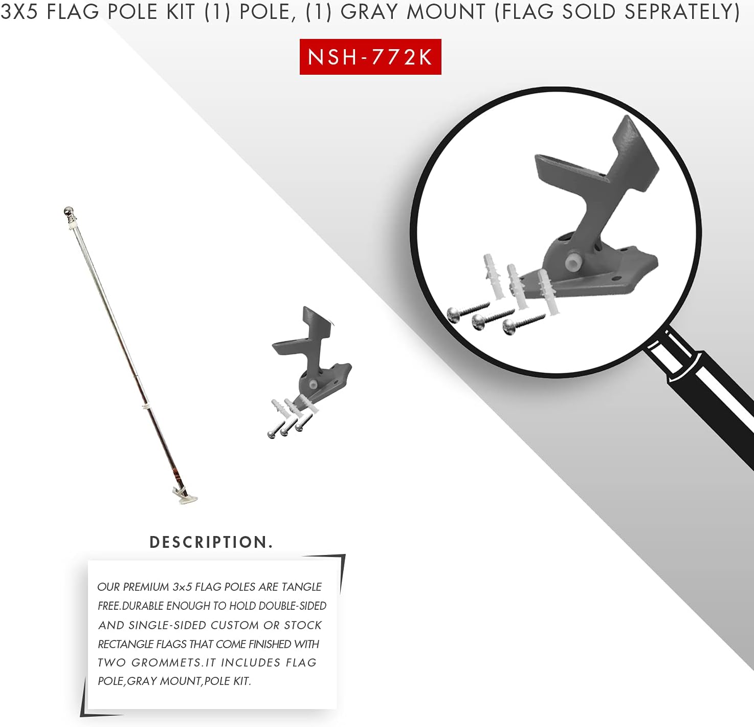 6ft Flagpole, Tangle Free Spinning Aluminum Telescopic Flag Pole and Mount for 3x5ft or 2x3ft Flags, Includes a 3x5 Italy National Flag (6' Silver) (Grey Mount)