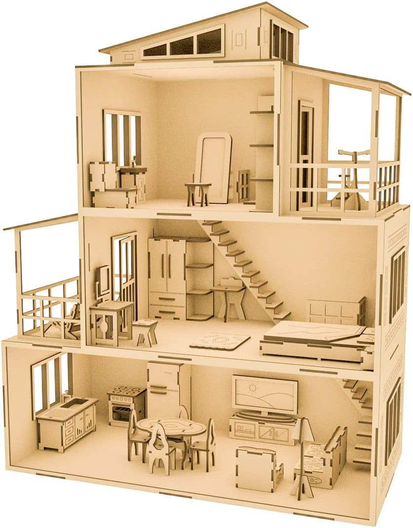 Rajbharti Crafts - DIY Doll House Kit - Wooden Miniature with 32 Furniture Items - 3 Floor Large Dollhouse for Girls (1:12 Scale - Dollhouse + Furniture)