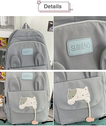 Miniatura 4 de Mochila Kawaii japonesa linda mochila escolar de gatos con peluches, mochila estética para adolescentes y niñas de regreso a clases, Azul Patchwork