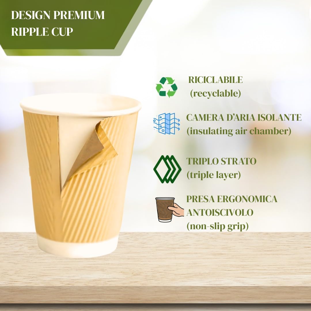 ECOVELO' Bicchieri Ripple Cup Carta monouso Triplo Strato doppia Parete isolante Havana Beige – riciclabili PE bevande da asporto Caffè, Tè, Cappuccino, Cocktail, Birra, vino 350 ml/12 oz 500 pezzi
