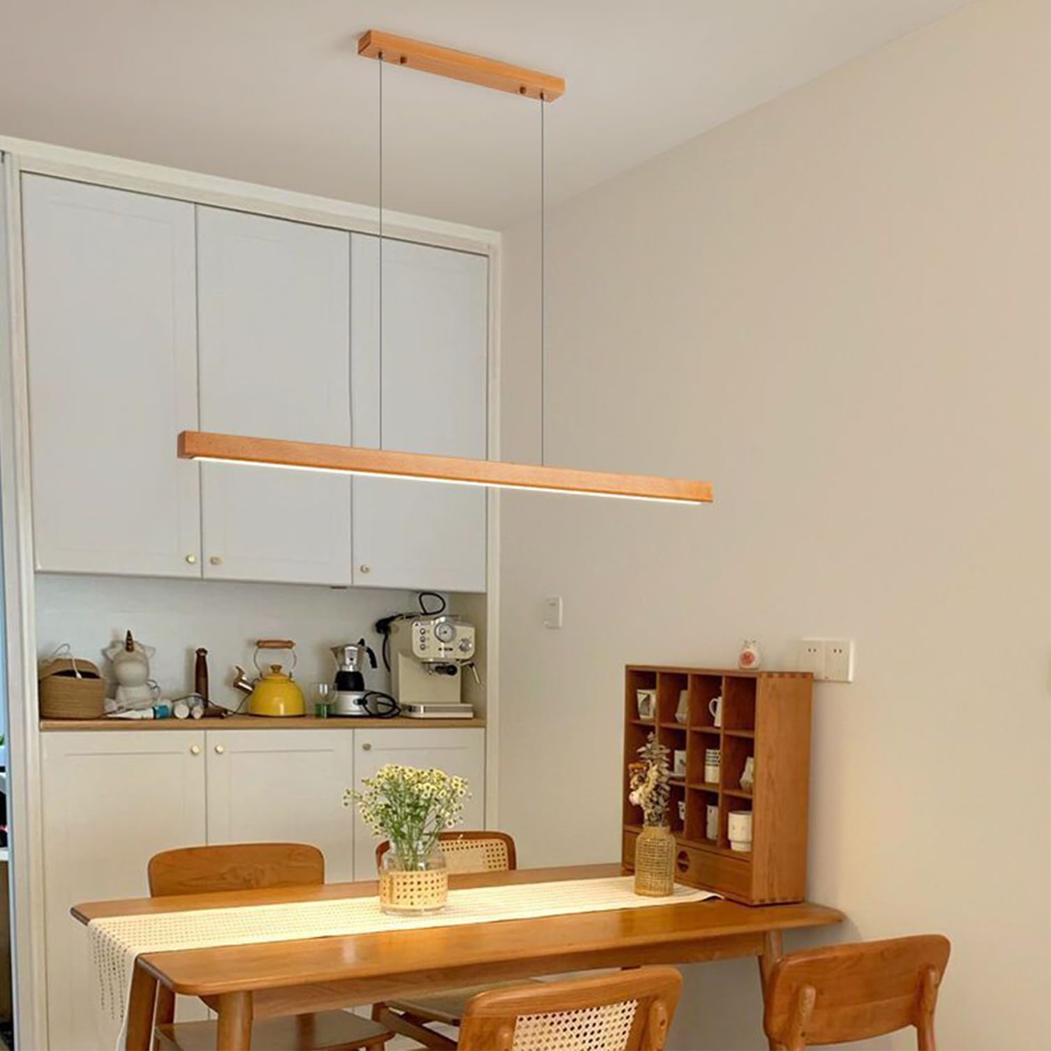 KXEcoLife Linear Pendant Lamp with Remote Control, LED Dining Table Wood Dimmable, Design Lamp, Chandelier for Room Kitchen Office (Wood, 150cm)
