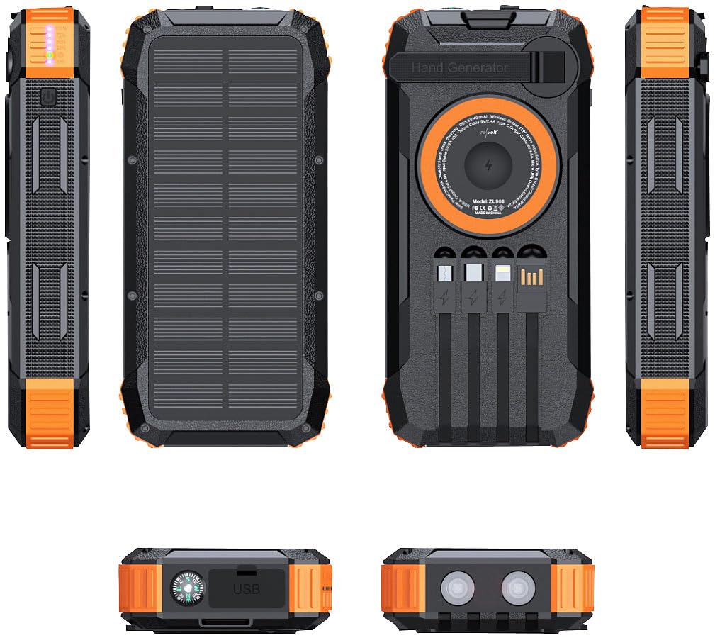 revolt Dynamo-Powerbank: Kurbel-Solar-Powerbank, 20.000 mAh, USB-C PD 20 W, Qi-kompatibel, LED (Kurbel-Dynamo & Solar, mit Lithium Polymer Akku, Steckdose)