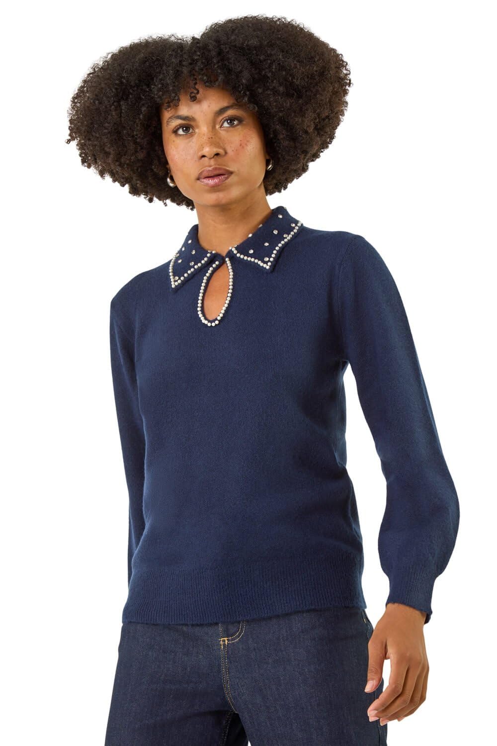 Roman Women's Navy Faux Pearl Collared Keyhole Knit Jumper In | : Size 14