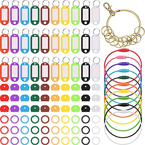 111 Pieces Key Caps Tags Covers Set 60 Pieces Plastic Key Identifier Covers and 30 Pieces Plastic Tags Labels with 20 Pieces Wire Keychain Cable for Keys Organization, Assorted Colors