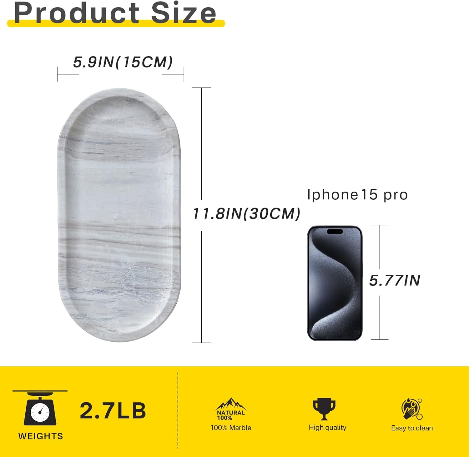 Natural Marble Tray, Stone Vanity Tray for Bathroom & Kitchen Countertop - Organizer for Perfume, Jewelry, Cosmetics 12x6 Inch,Light Wood Grain