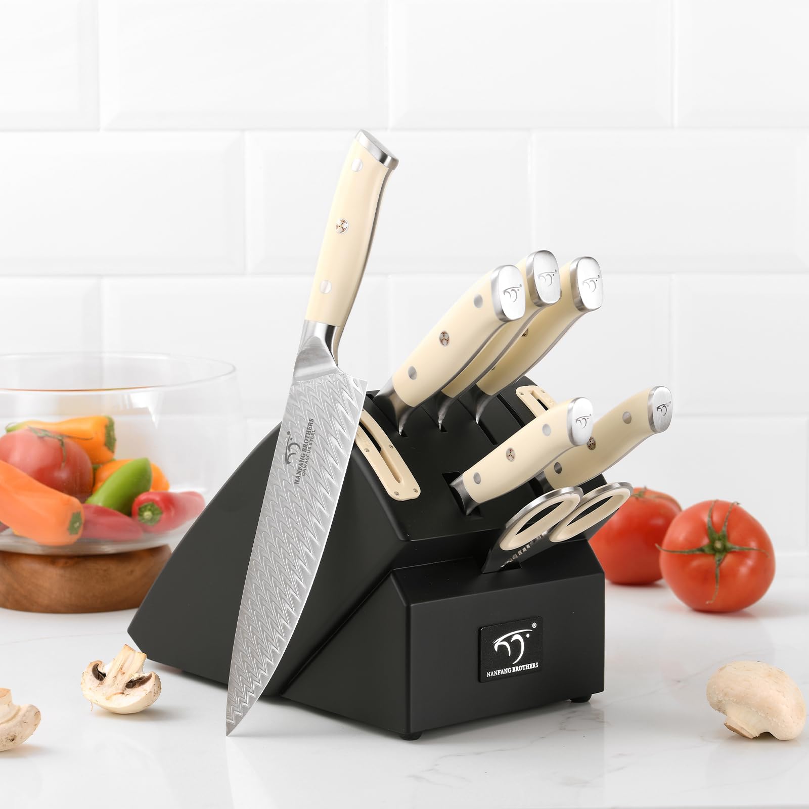 NANFANG BROTHERS Kochmesser Set 10 PCs Damaszener mit Block | VG 10-Kern Stahl, ABS Ergonomischer Griff, Disconnect-Type Messerblock, Küchenmesser Set