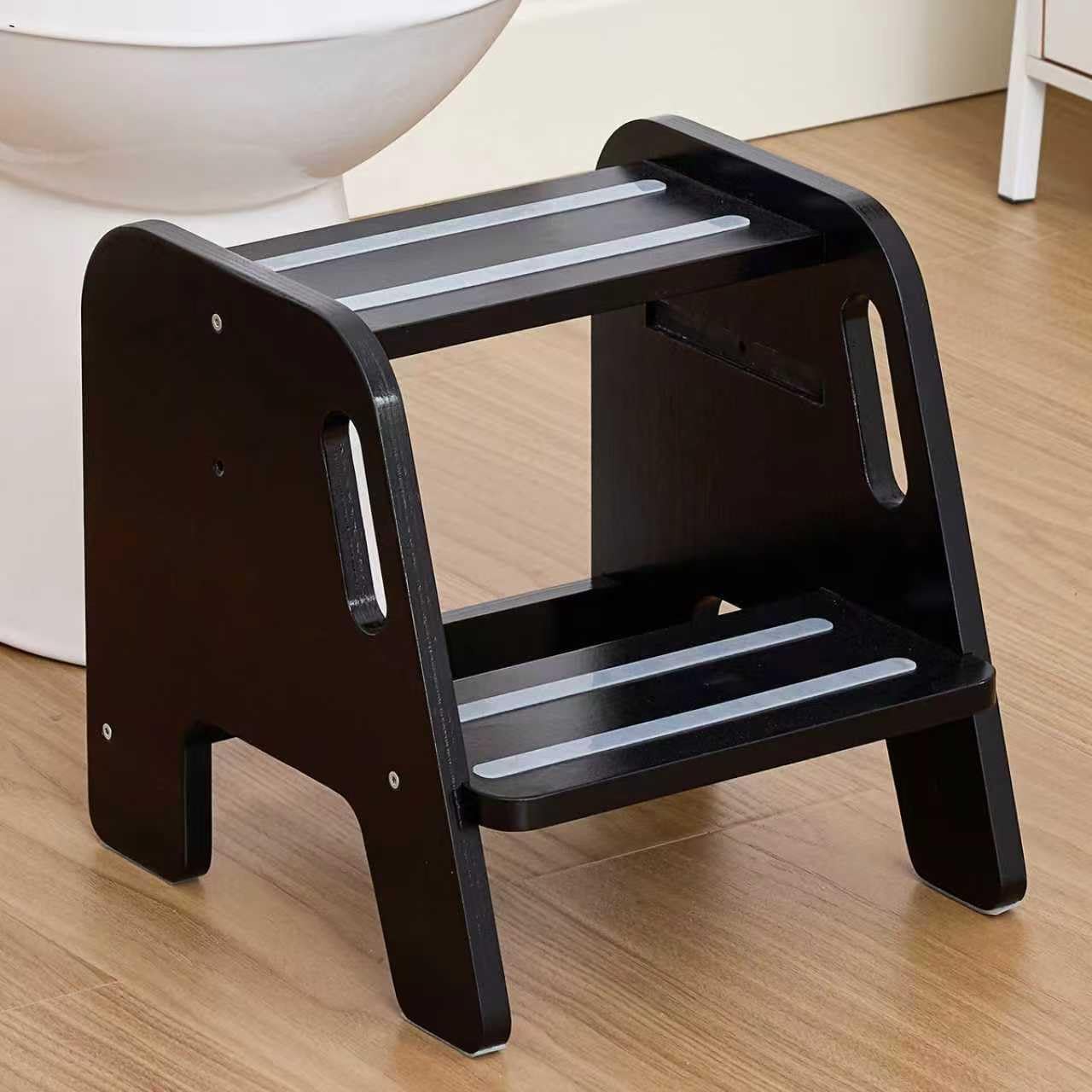 WOOD CITY Toddler Step Stool, Wooden 2 Step Stools for Bathroom Sink Potty Training Kitchen Dual Height Stool Helper for Kids Bonus Non-Slip Pads and Handles for Safety （Black）