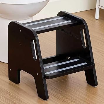 WOOD CITY Toddler Step Stool, Wooden 2 Step Stools for Bathroom Sink Potty Training Kitchen Dual Height Stool Helper for Kids Bonus Non-Slip Pads and Handles for Safety Black