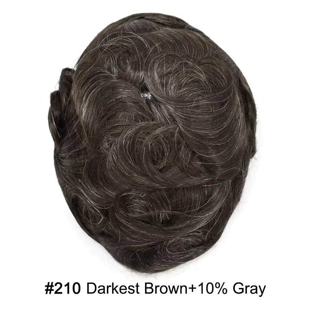 Toupee for Men Lace Front Mens Toupee Real Human Hair Replacement System Thin Skin Mens Hair Wig Natural Hair System for Man 8X10" #210 Darkest Brown with 10% Gray