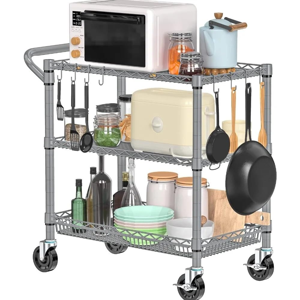 Carrito de cocina con ruedas, estantes de metal ajustables, carrito de almacenamiento rodante con asa para una fácil organización y movilidad