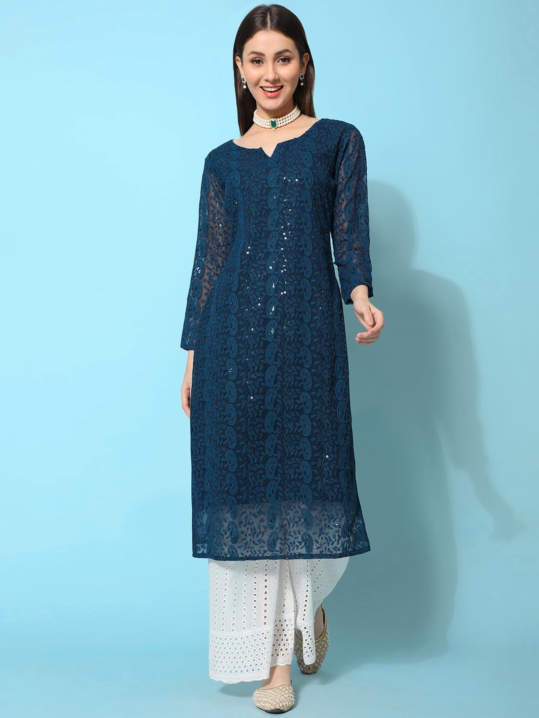 Gufrina Women's Georgette Straight Kurta Palazzo With Notch Neck 3/4Th Sleeves Solid Pattern Chikankari Work Calf Length And Regular Fit