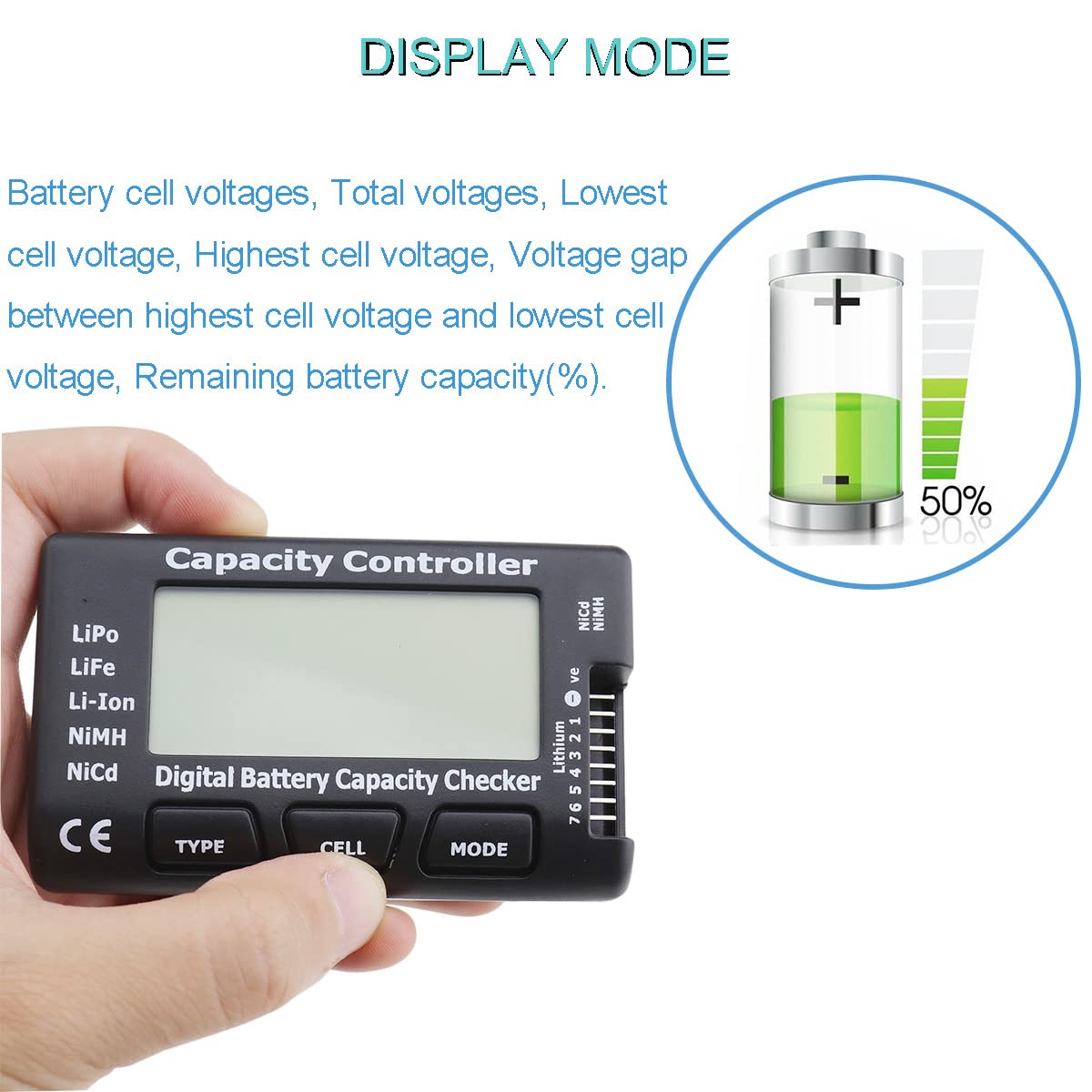 RC Cellmeter 7 Tester Digitale Di Tensione E Capacità Per Batterie Lipo 1-8s, NiCd, NiMH, LiFe, Li-ion - 4