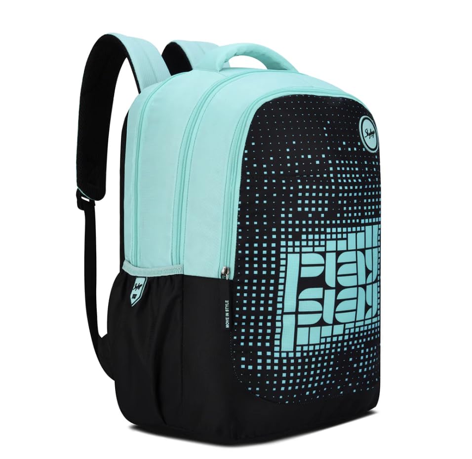 Image of Skybags Klan Plus V2 3 Compartment Backpack, Mint Blue And Black, Digital Pattern Design