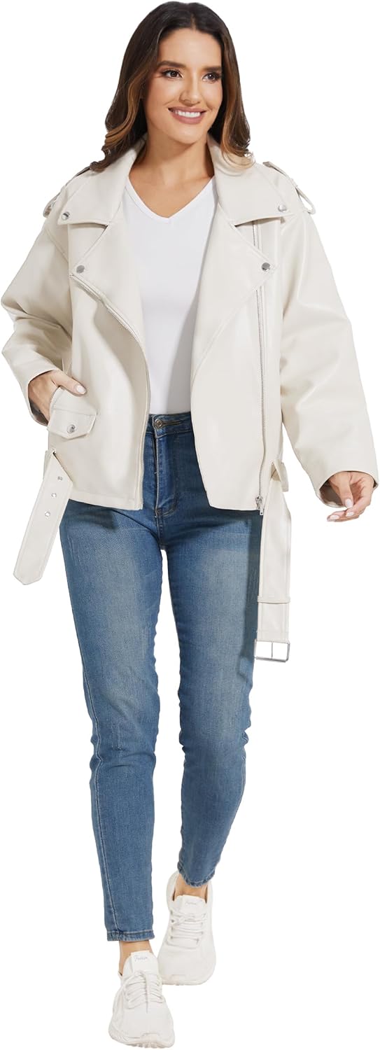 Fahsyee Faux Leather Jackets for Women, Black Motorcycle Moto Biker PU Outwear Coat - Image 4