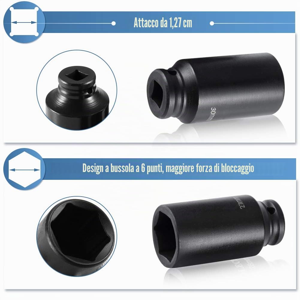16 Pezzi Set di Bussole Esagonali 1/2 ", Set Bussole a Impatto Bussole a Impulsi Profondo Prese Metriche Esagonale 10-32 mm Bussola Esagonale Profonda