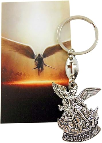Westmon Works Juego de llavero de arcángel de San Miguel con tarjeta sagrada, Gris