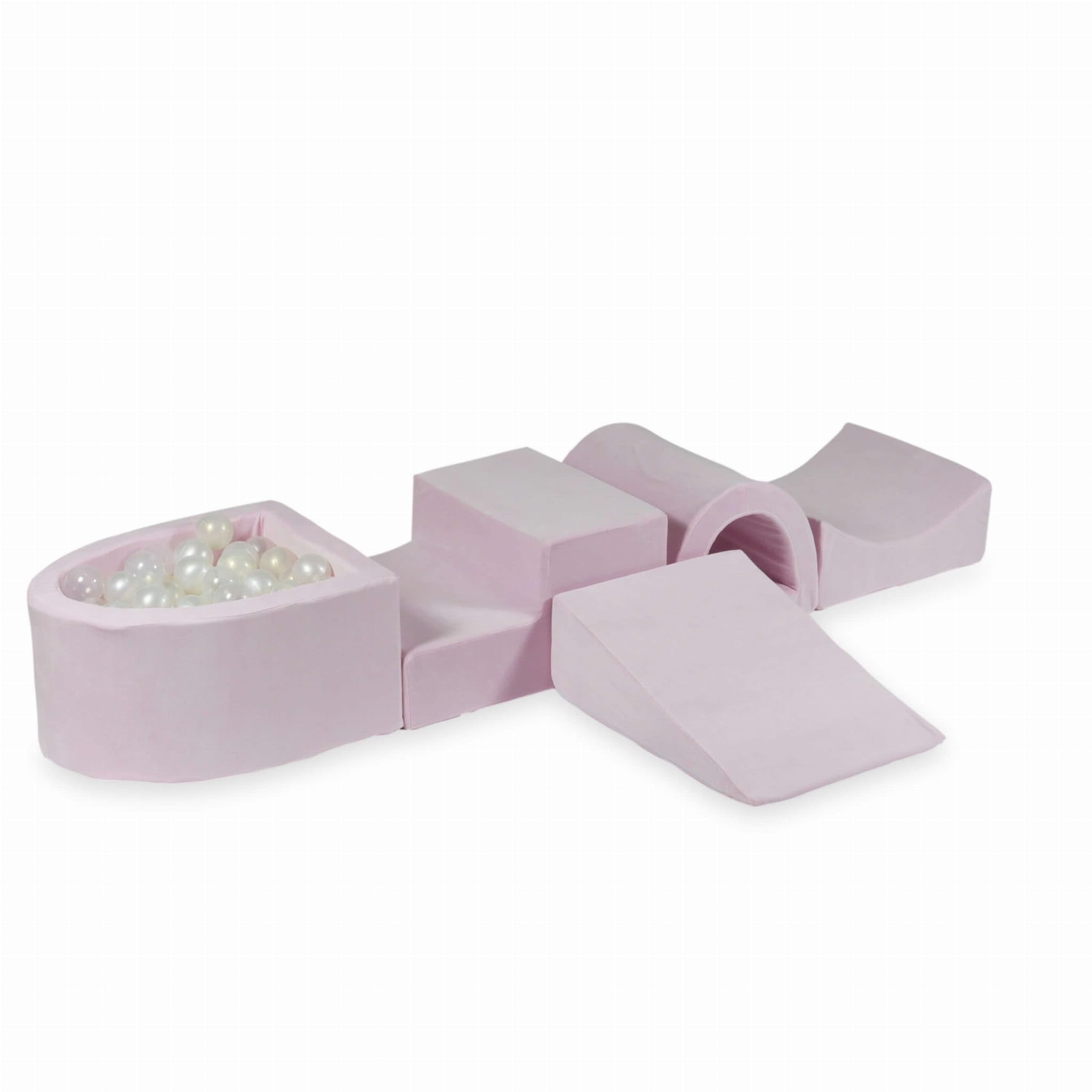 Mimii Parco giochi in schiuma con piscina con palline e ponte Velvet Soft rosa chiaro (100 palline: trasparente/perla/opale), grandi mattoncini da costruzione per gattonare e arrampicare, morbidi