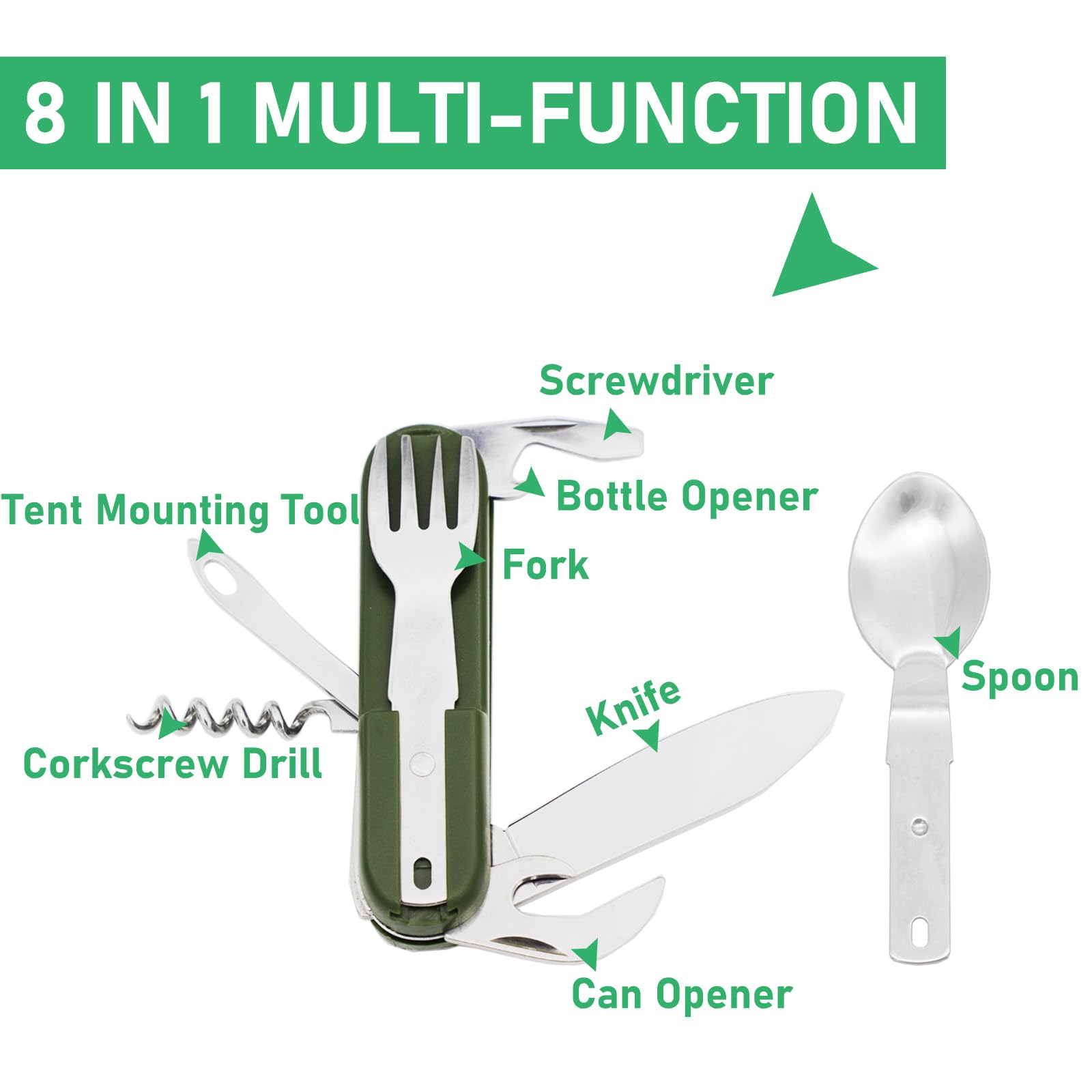 Folding Camping Cutlery Set, 8 in 1 Stainless Steel Portable Utensil Detachable Reusable Travel Cutlery Tableware with Pouch Case for Camping Hiking Fishing Picnic On The Go - Image 3
