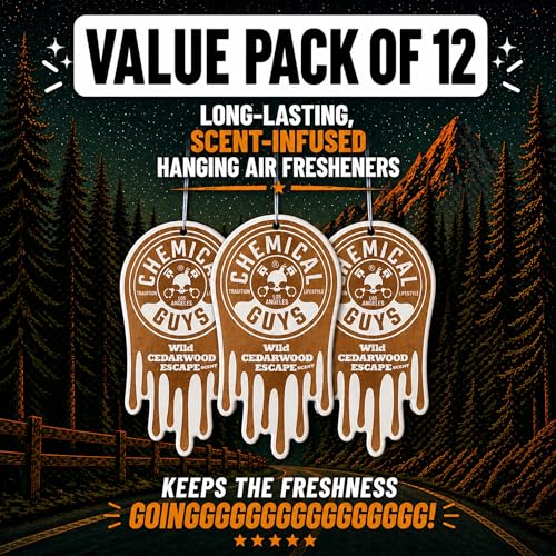 Image of Chemical Guys Hanging Car Air Freshener 12-Pack, Wild Cedarwood Escape Warm, Woody & Earthy Cedarwood Fragrance, Rearview Mirror Paper Fresheners for Cars, Trucks, SUVs & Boats