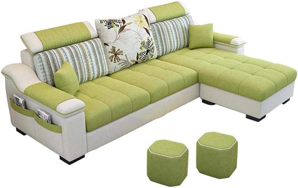 Good Luck Furniture Factory LLC L Shape sofa 3 Seat Linen Living Room Sofa Set Frame Soft Sponge Shape (Foot ped + 2 cloth stool)