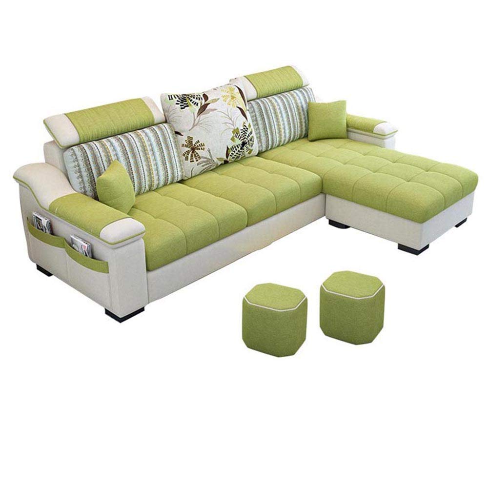 Good Luck Furniture Factory LLC L Shape sofa 3 Seat Linen Living Room Sofa Set Frame Soft Sponge Shape (Foot ped + 2 cloth stool)