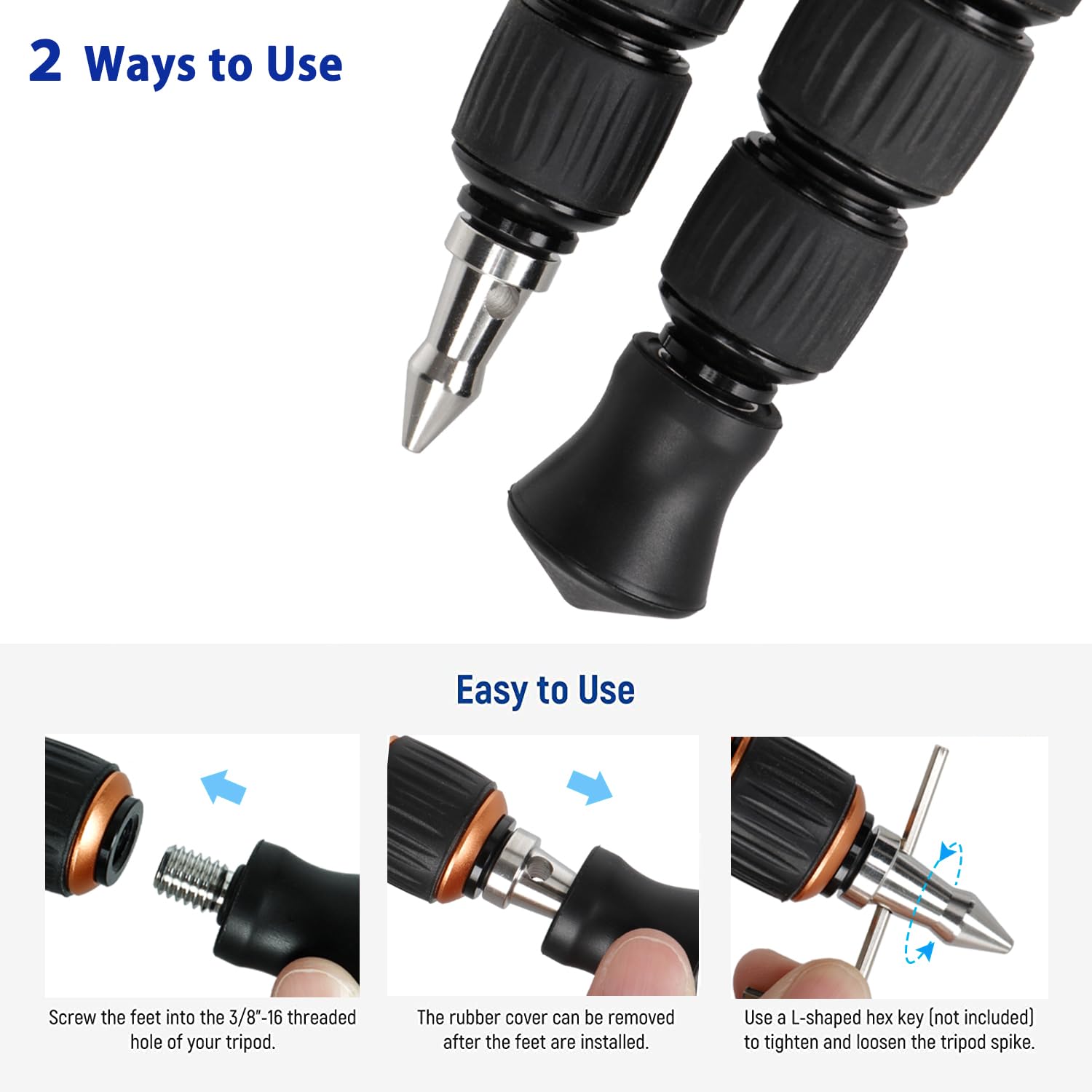 Koolehaoda Universale 3/8"-16 Piedini in Gomma per Treppiede, Piedini di Ricambio 3/8”-16 Spikes di Ricambio in Acciaio Inossidabile per Treppiedi Monopiede - 3 pezzi